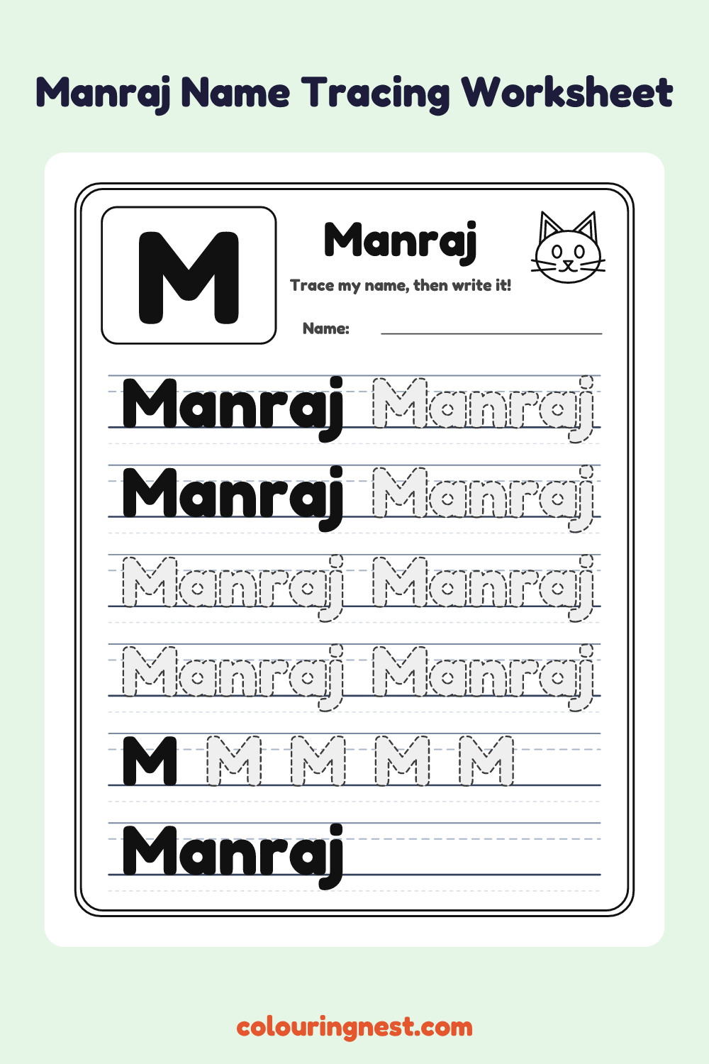 Manraj Name Tracing Worksheet: free printable black-and-white line art