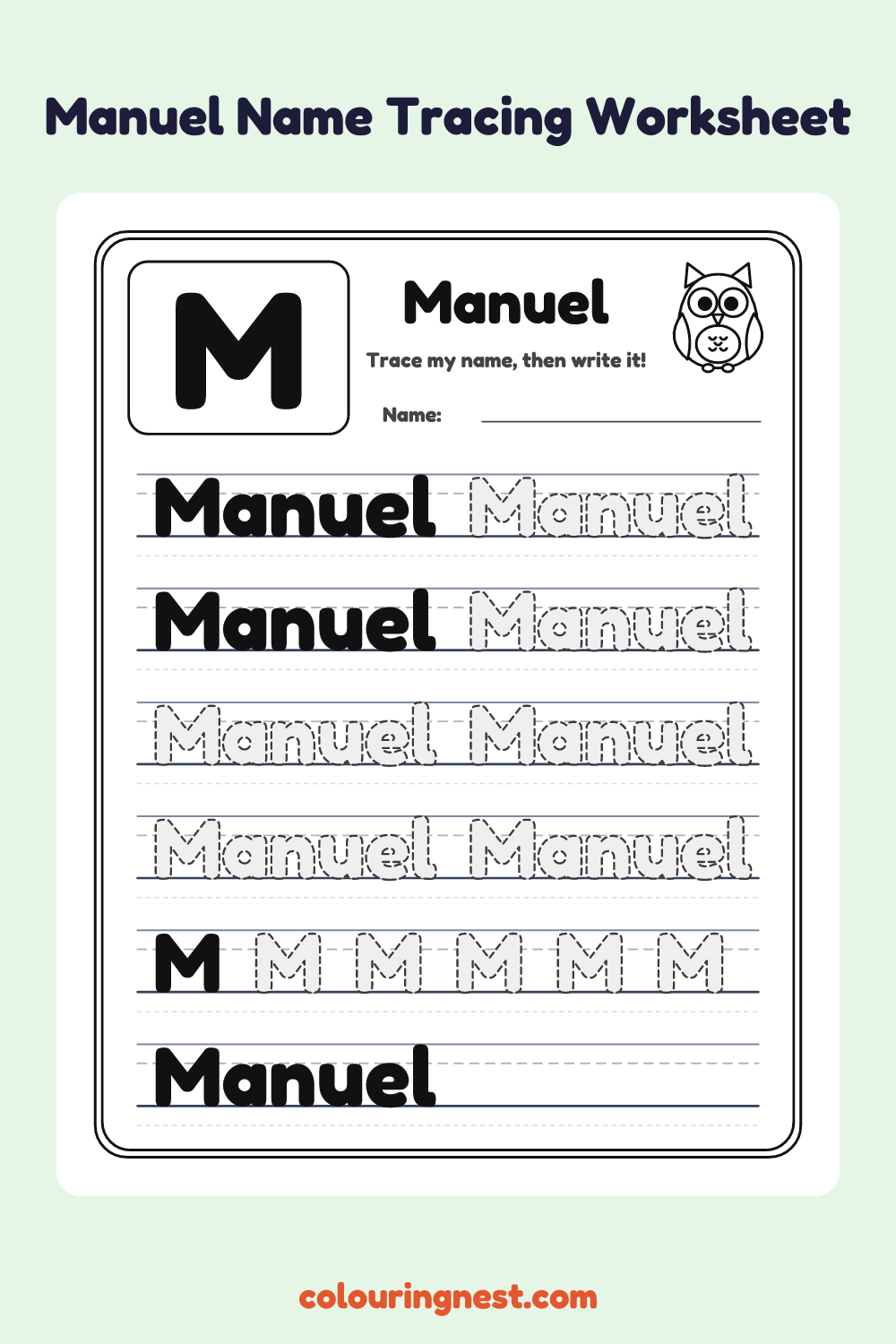 Manuel Name Tracing Worksheet: free printable black-and-white line art