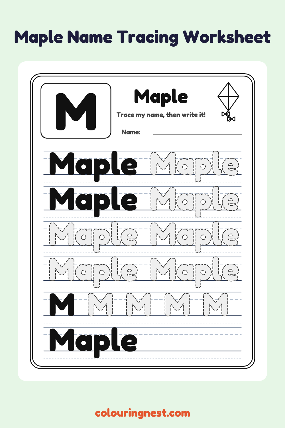 Maple Name Tracing Worksheet: free printable black-and-white line art