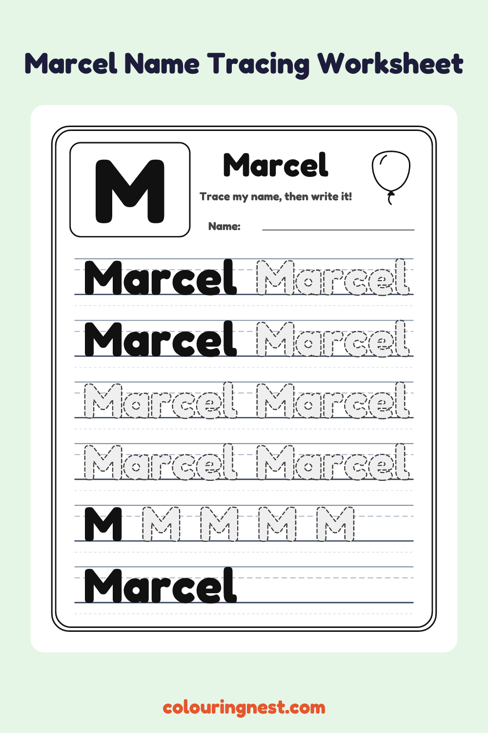 Marcel Name Tracing Worksheet: free printable black-and-white line art