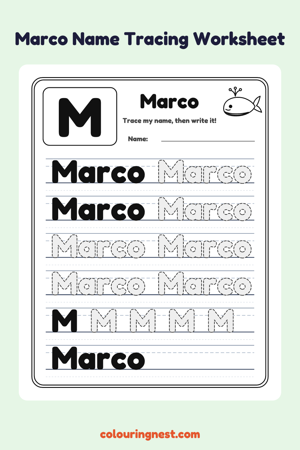 Marco Name Tracing Worksheet: free printable black-and-white line art