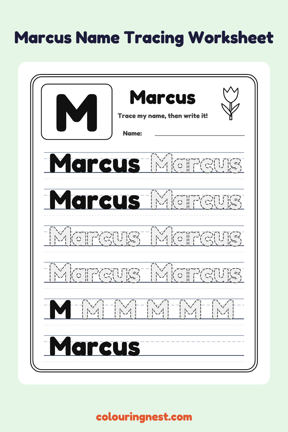 Marcus Name Tracing Worksheet: free printable black-and-white line art