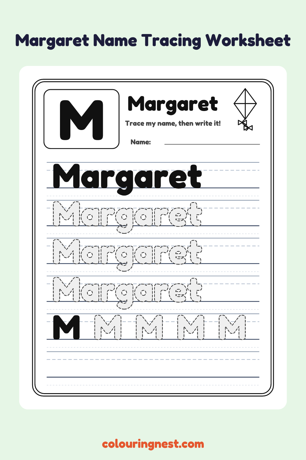 Margaret Name Tracing Worksheet: free printable black-and-white line art