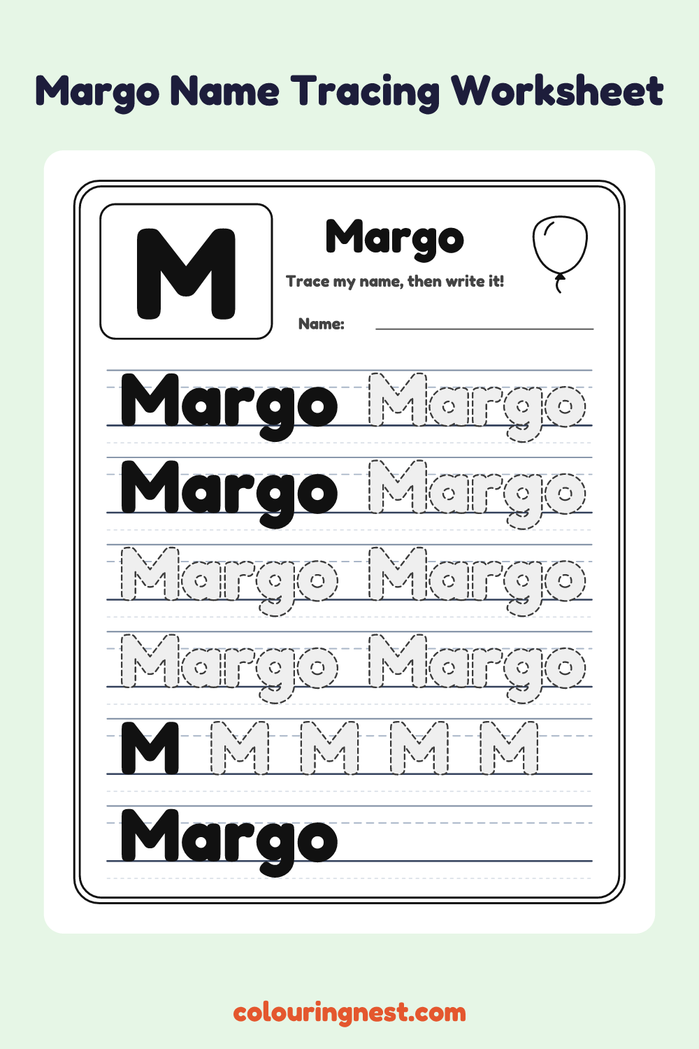 Margo Name Tracing Worksheet: free printable black-and-white line art
