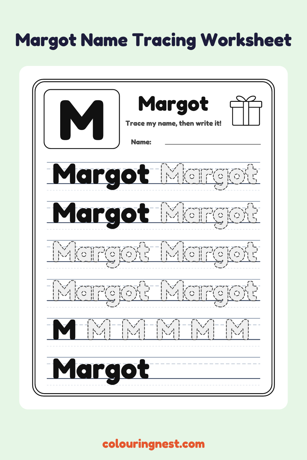 Margot Name Tracing Worksheet: free printable black-and-white line art