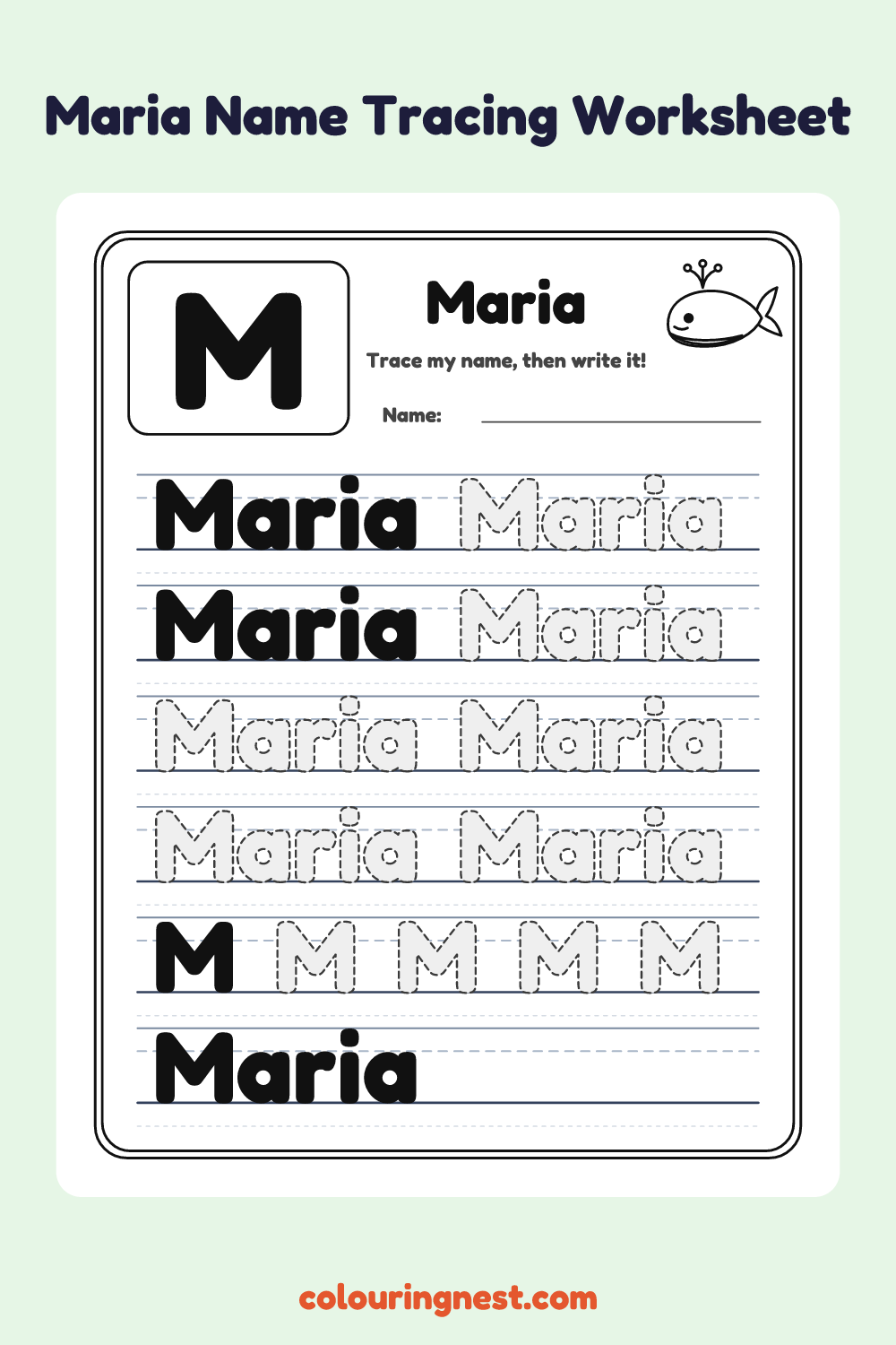 Maria Name Tracing Worksheet: free printable black-and-white line art