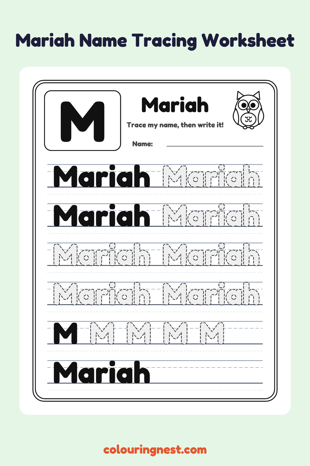 Mariah Name Tracing Worksheet: free printable black-and-white line art