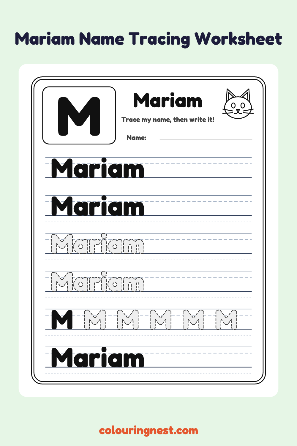 Mariam Name Tracing Worksheet: free printable black-and-white line art