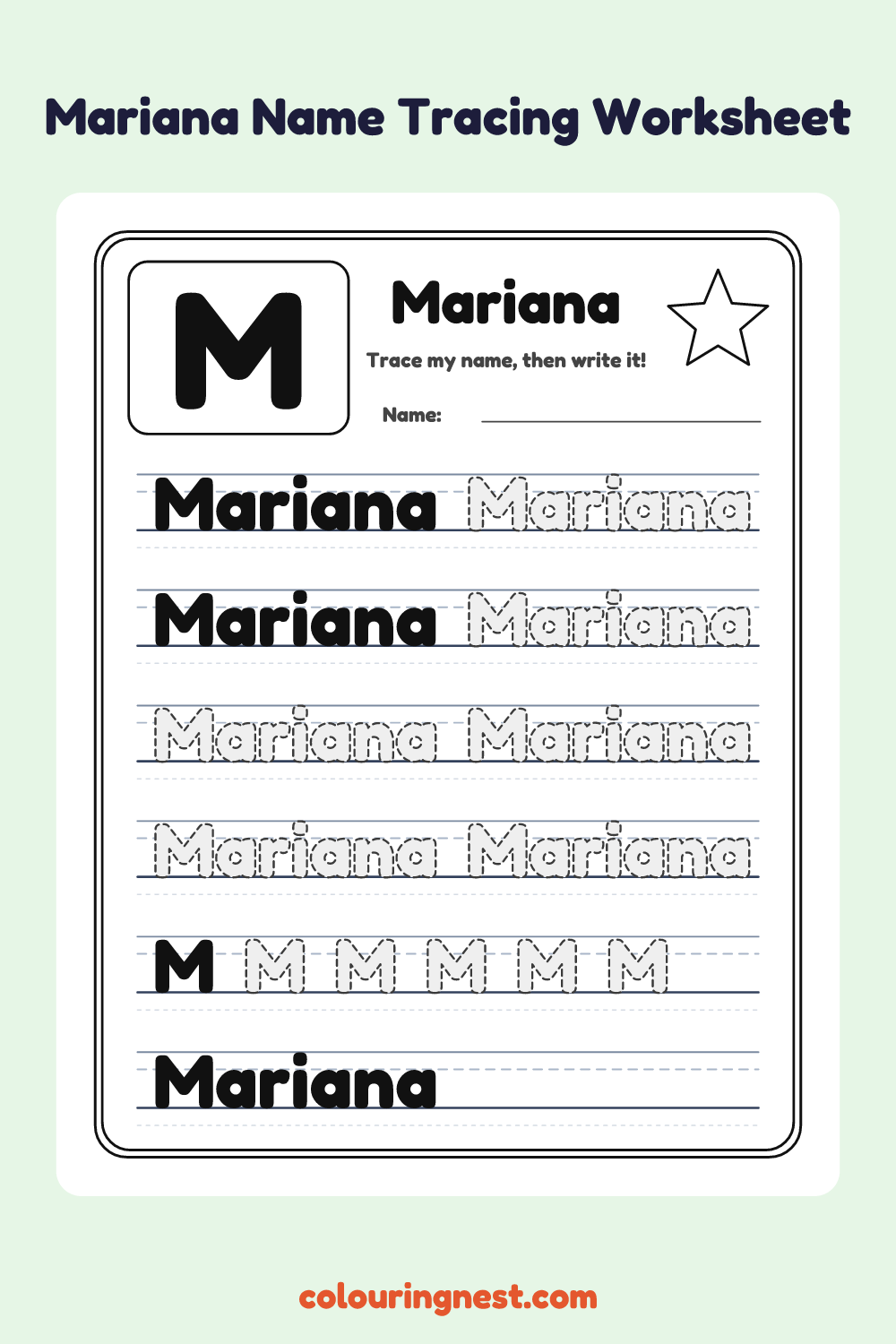 Mariana Name Tracing Worksheet: free printable black-and-white line art