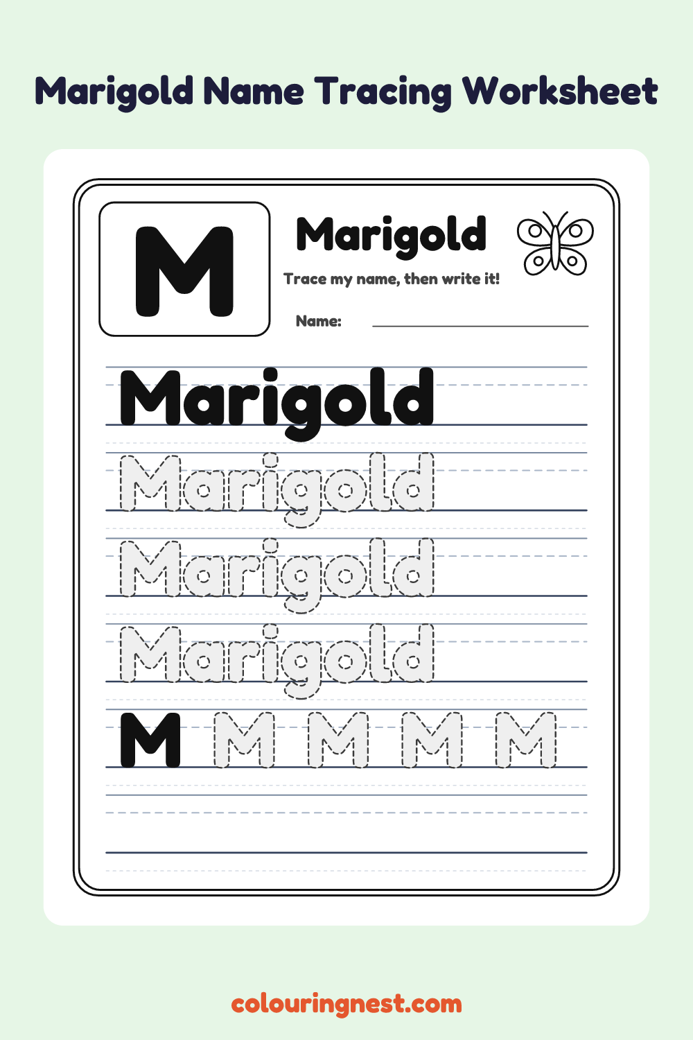 Marigold Name Tracing Worksheet: free printable black-and-white line art