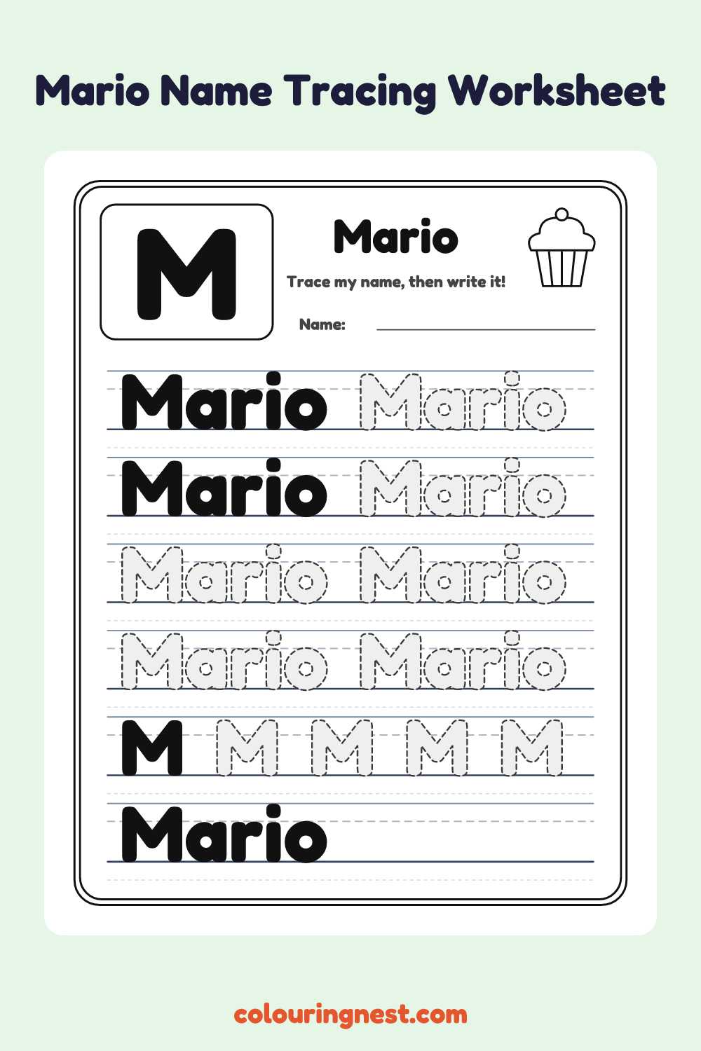 Mario Name Tracing Worksheet: free printable black-and-white line art