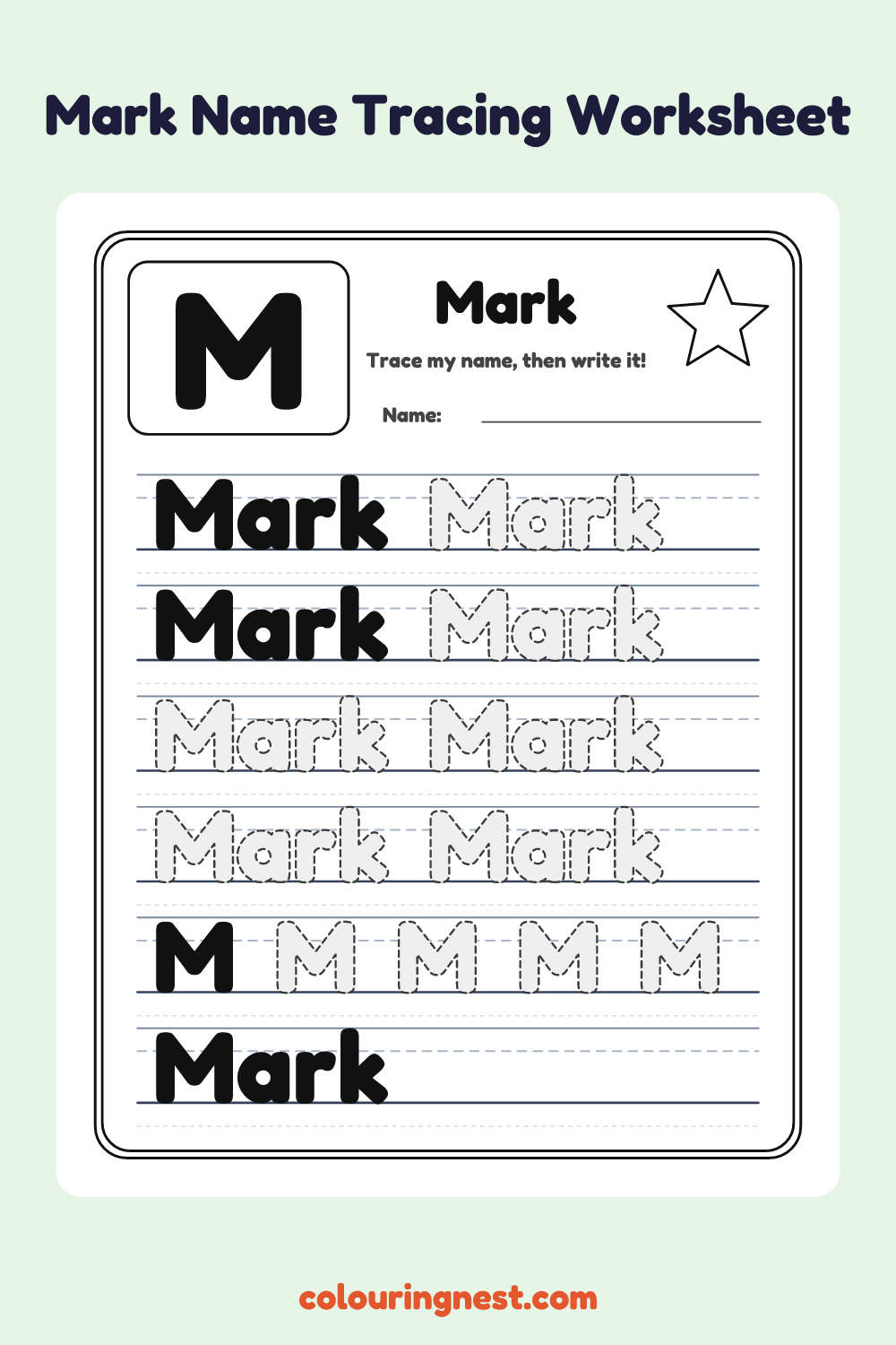 Mark Name Tracing Worksheet: free printable black-and-white line art