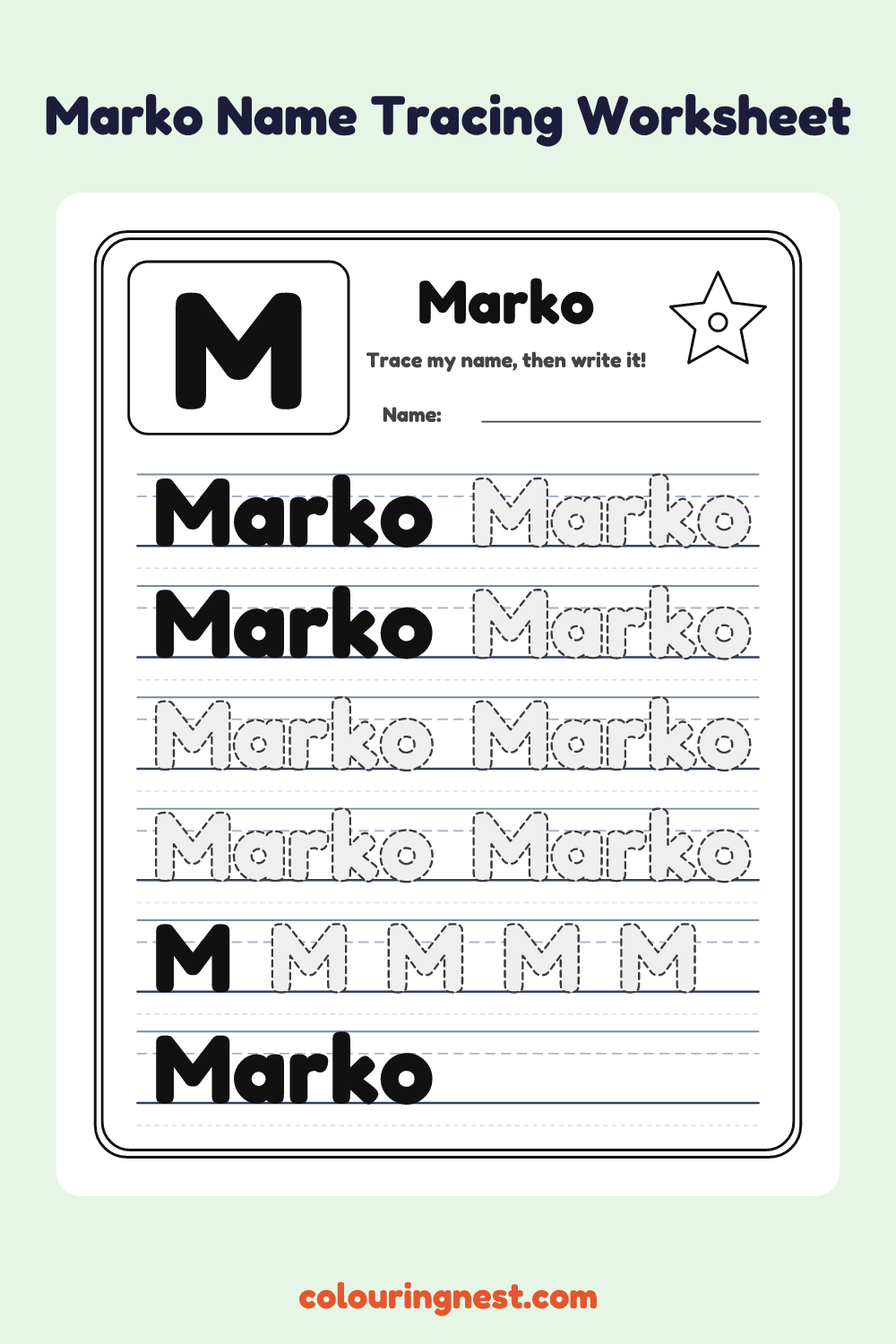 Marko Name Tracing Worksheet: free printable black-and-white line art