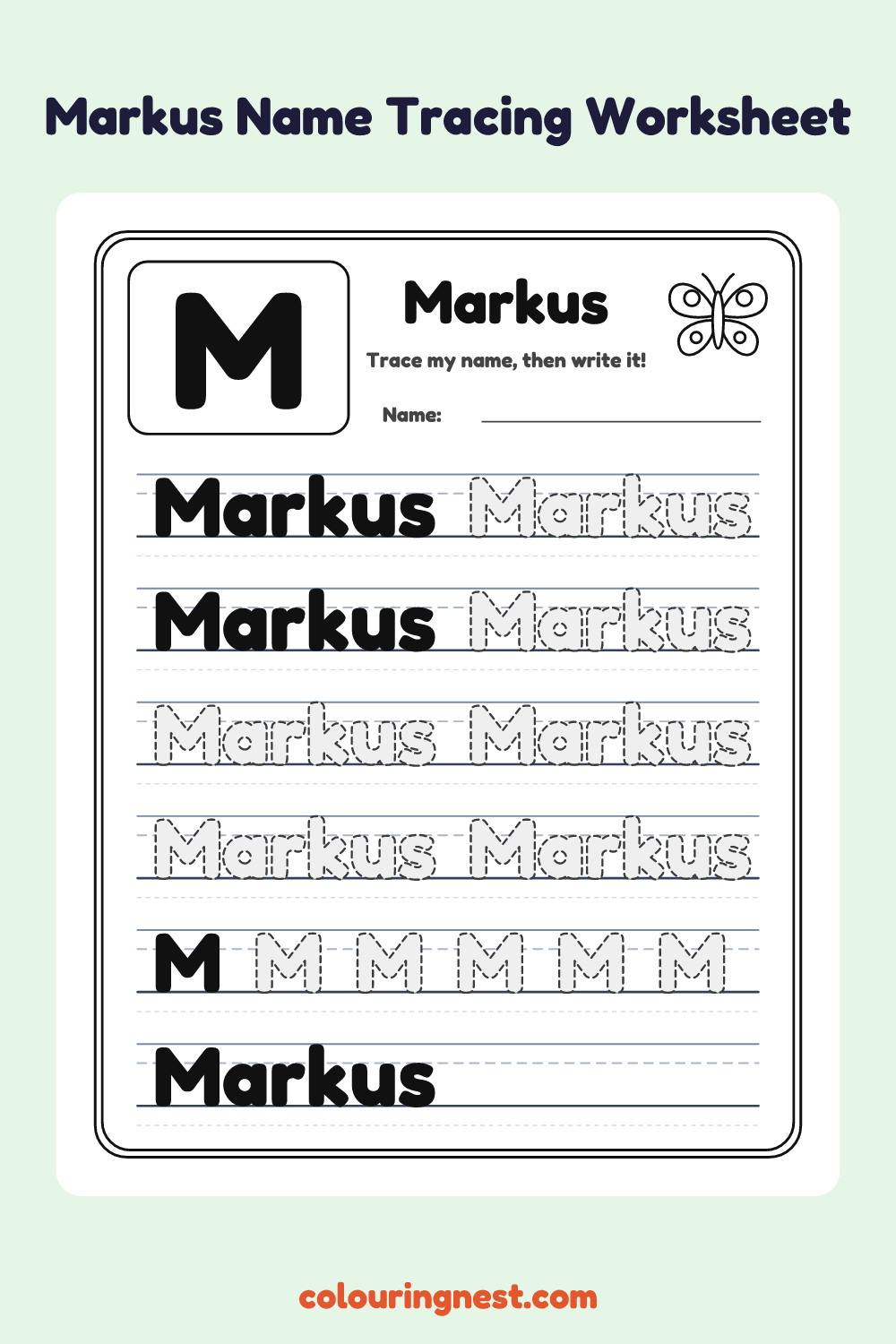Markus Name Tracing Worksheet: free printable black-and-white line art