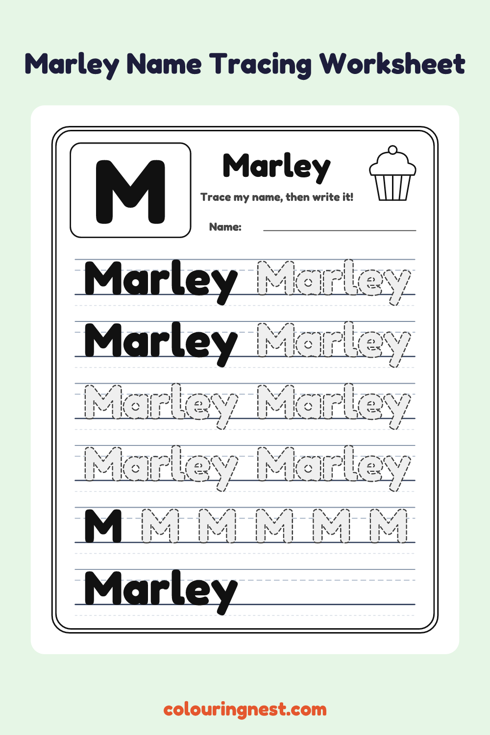 Marley Name Tracing Worksheet: free printable black-and-white line art