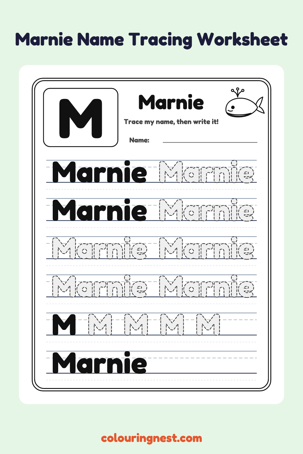 Marnie Name Tracing Worksheet: free printable black-and-white line art