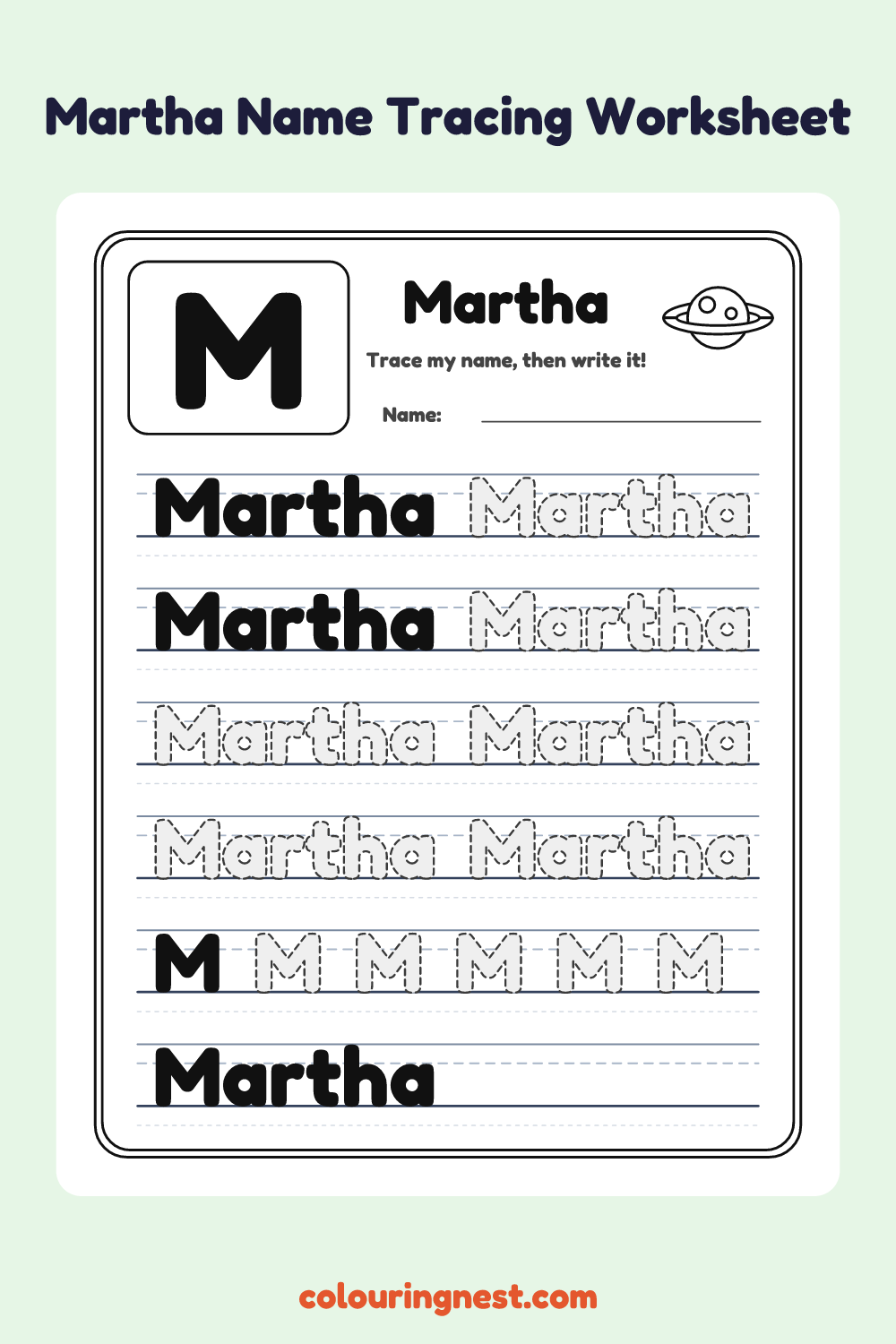 Martha Name Tracing Worksheet: free printable black-and-white line art