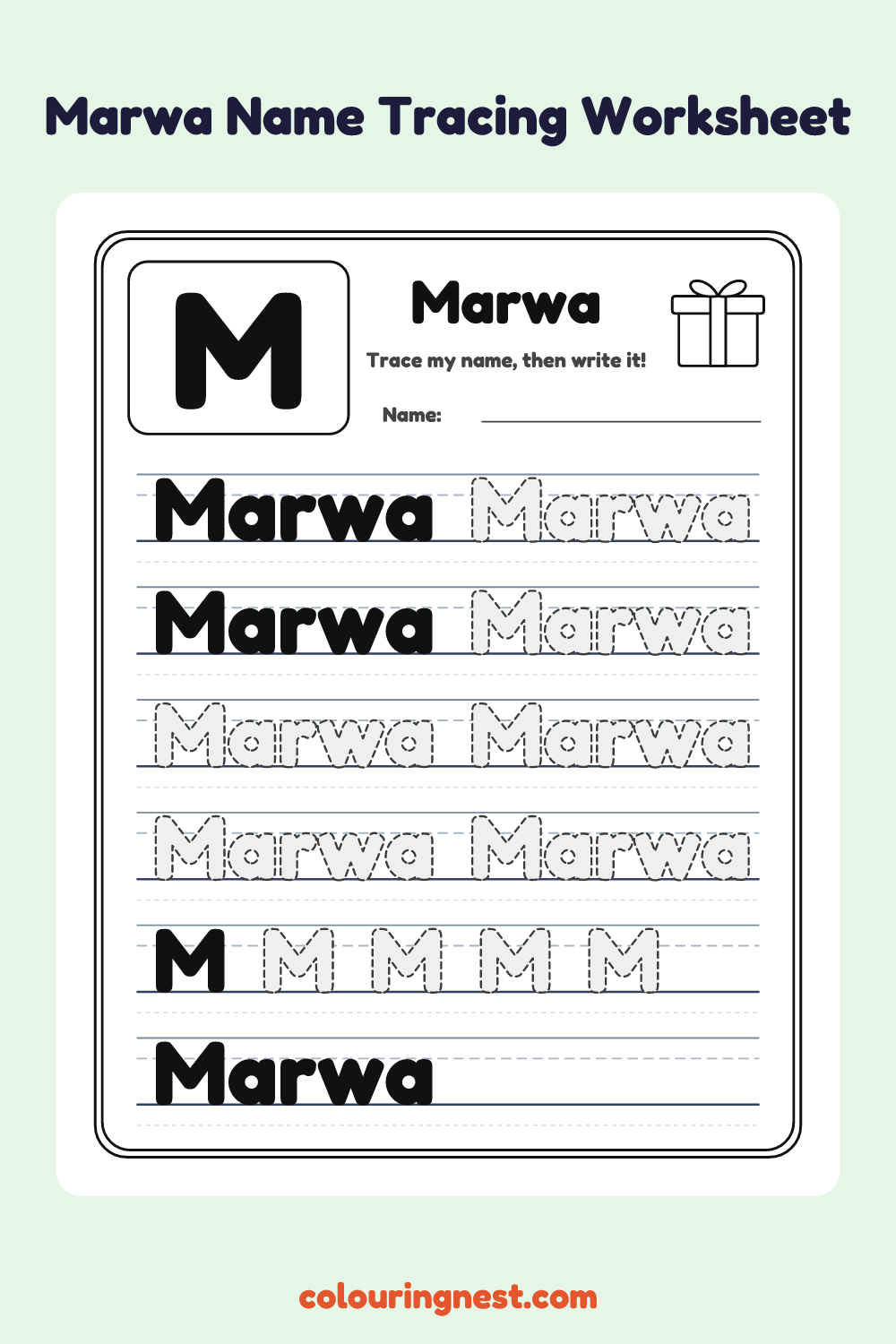 Marwa Name Tracing Worksheet: free printable black-and-white line art