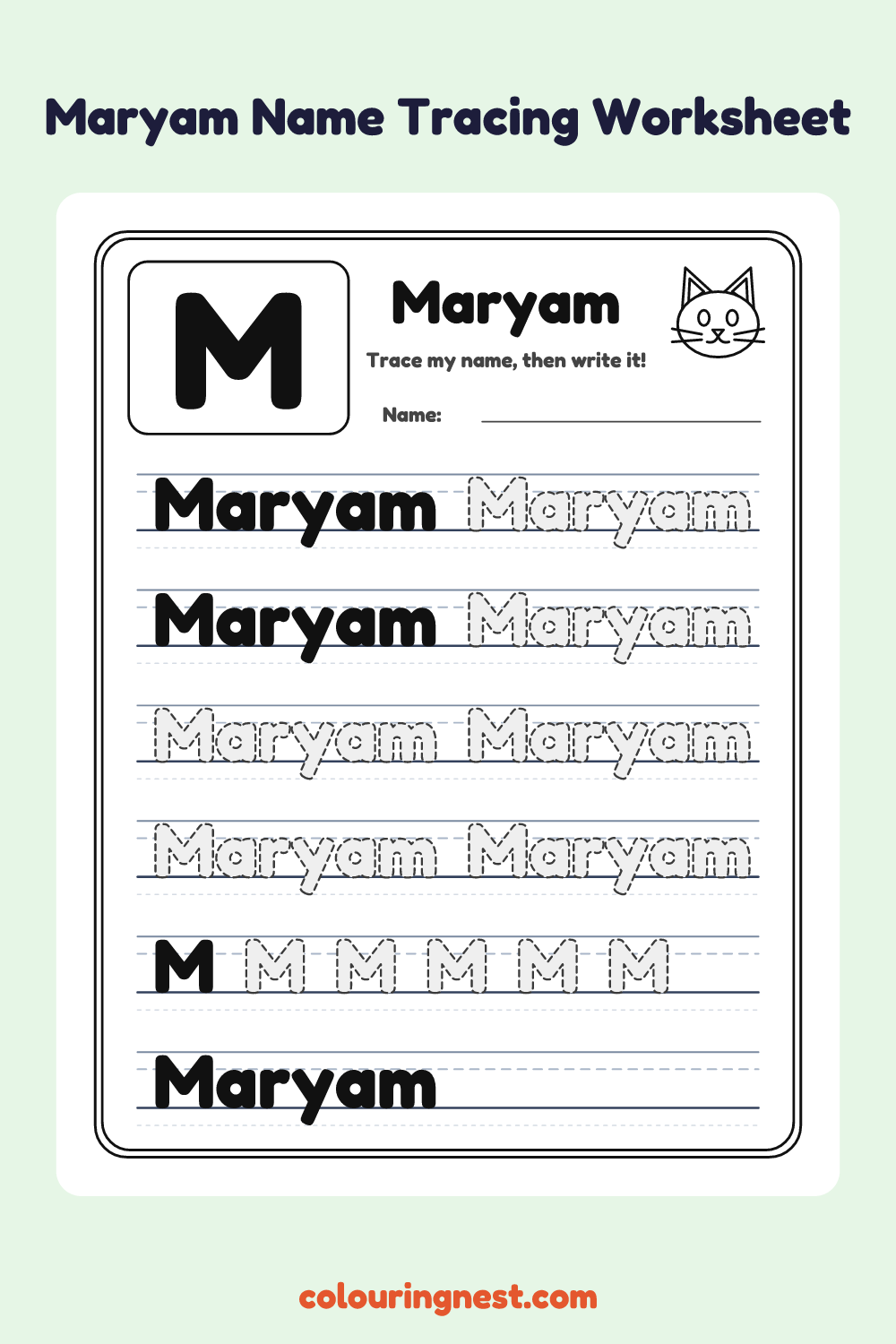 Maryam Name Tracing Worksheet: free printable black-and-white line art