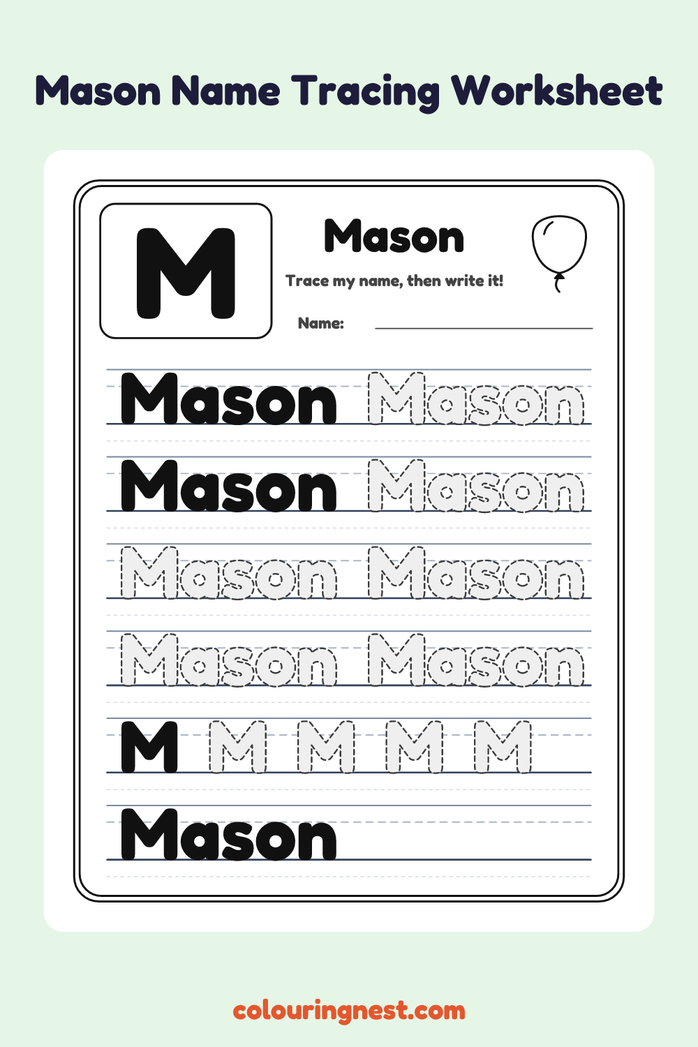 Mason Name Tracing Worksheet: free printable black-and-white line art