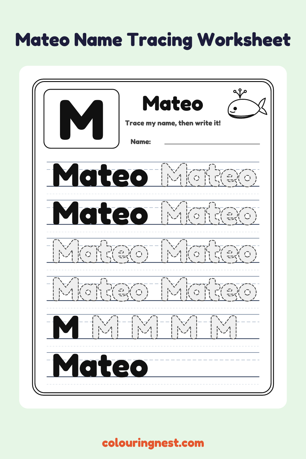 Mateo Name Tracing Worksheet: free printable black-and-white line art