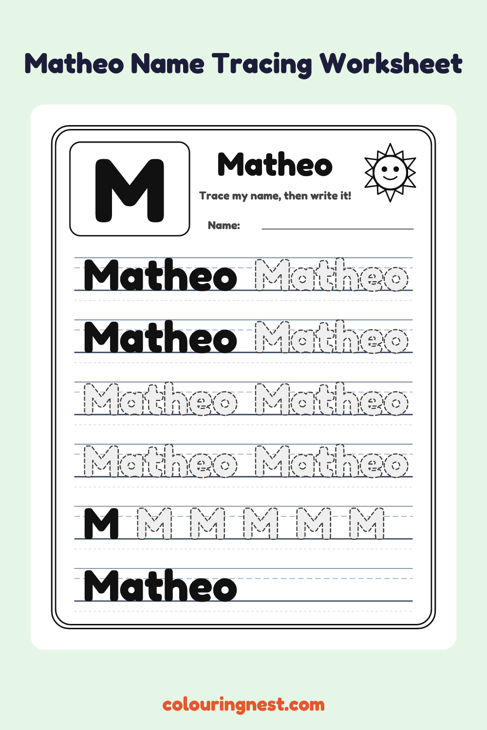 Matheo Name Tracing Worksheet: free printable black-and-white line art