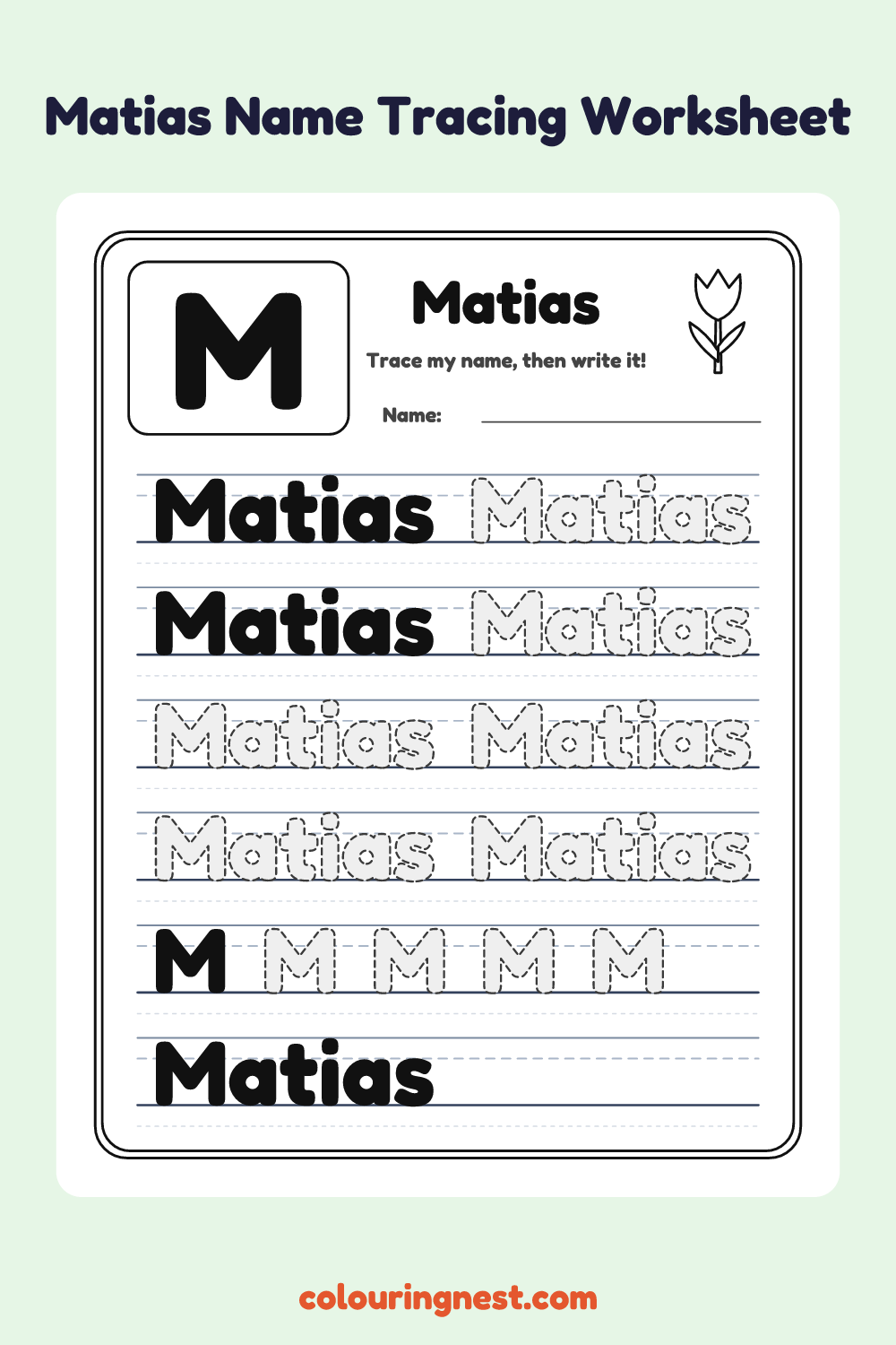 Matias Name Tracing Worksheet: free printable black-and-white line art