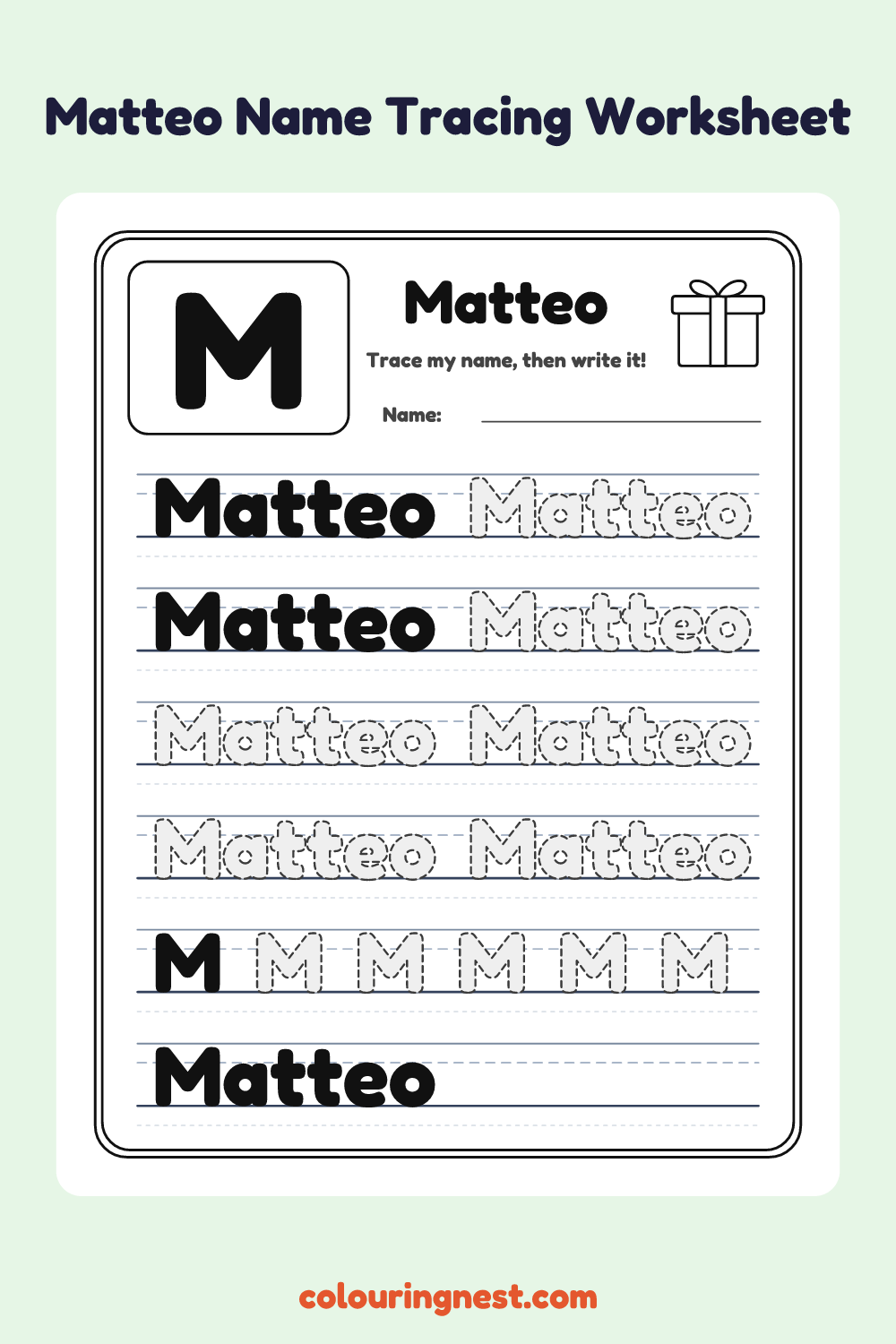 Matteo Name Tracing Worksheet: free printable black-and-white line art