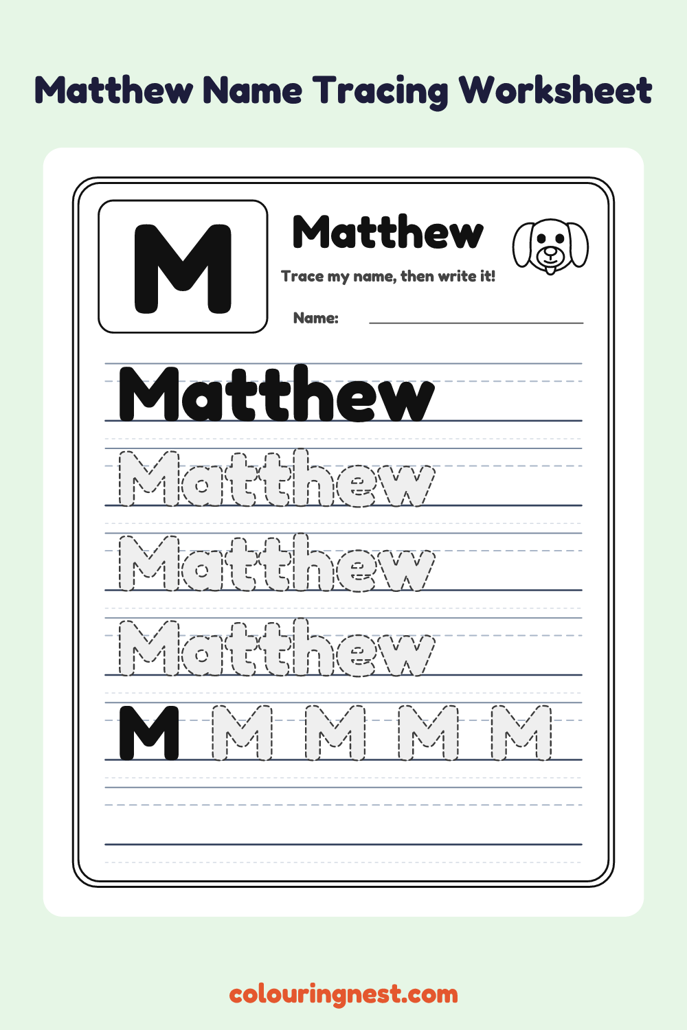 Matthew Name Tracing Worksheet: free printable black-and-white line art