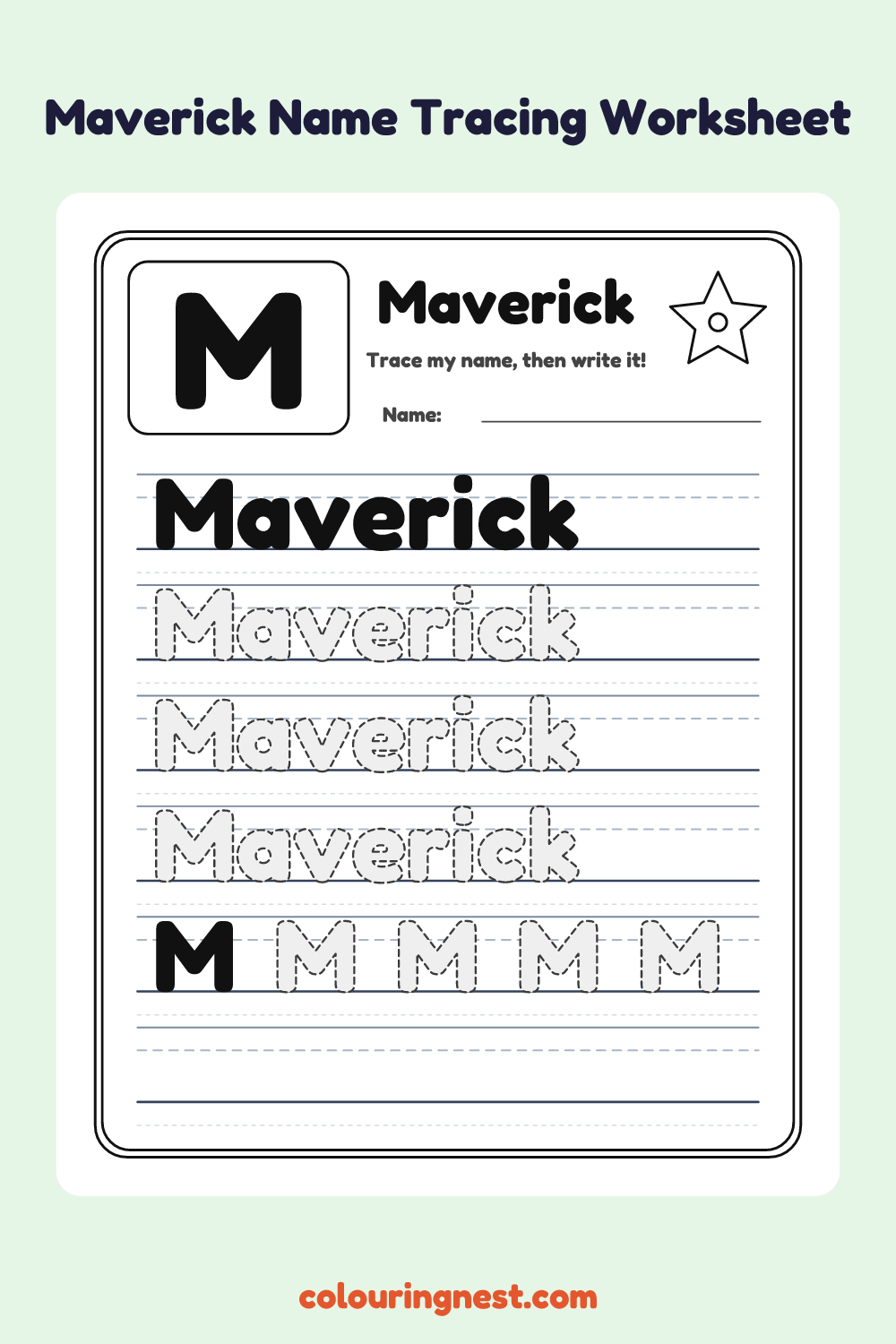 Maverick Name Tracing Worksheet: free printable black-and-white line art