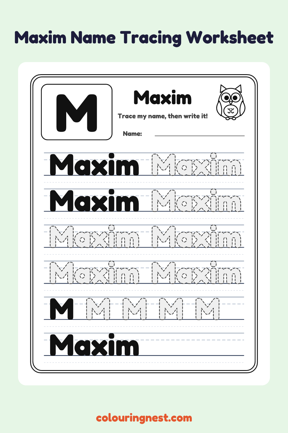Maxim Name Tracing Worksheet: free printable black-and-white line art