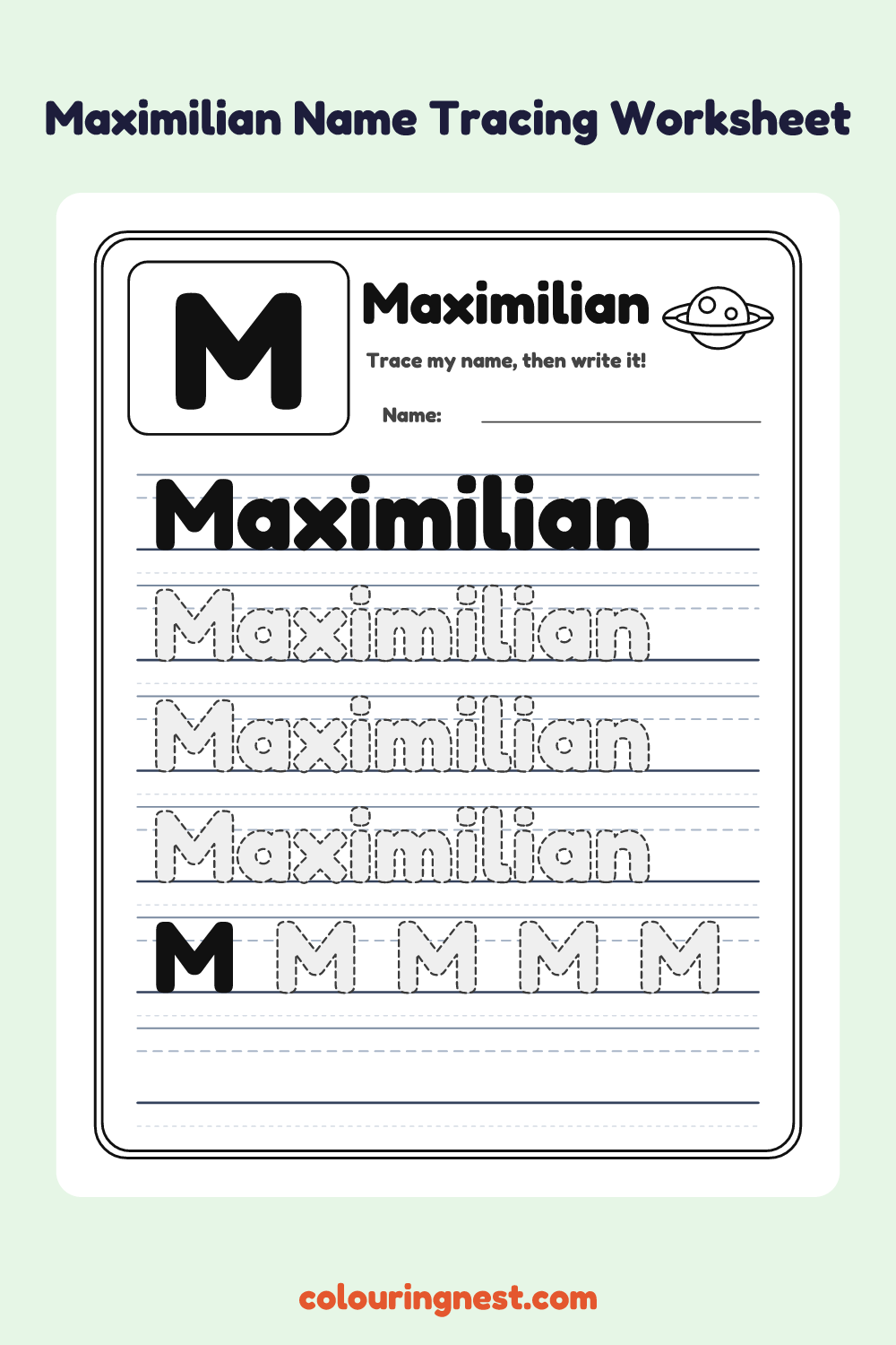 Maximilian Name Tracing Worksheet: free printable black-and-white line art