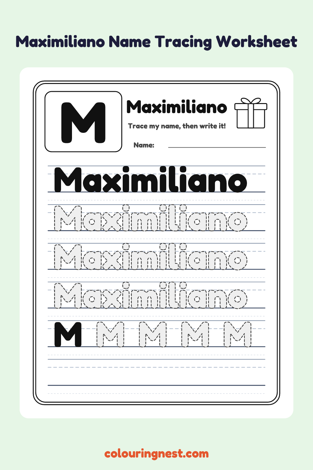 Maximiliano Name Tracing Worksheet: free printable black-and-white line art