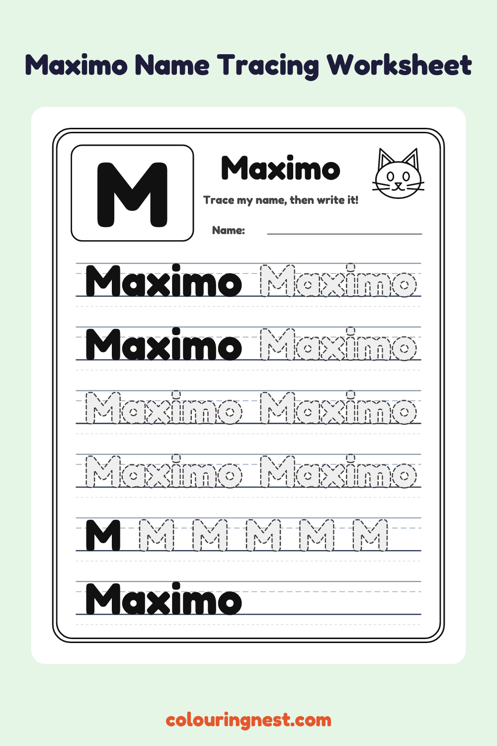 Maximo Name Tracing Worksheet: free printable black-and-white line art