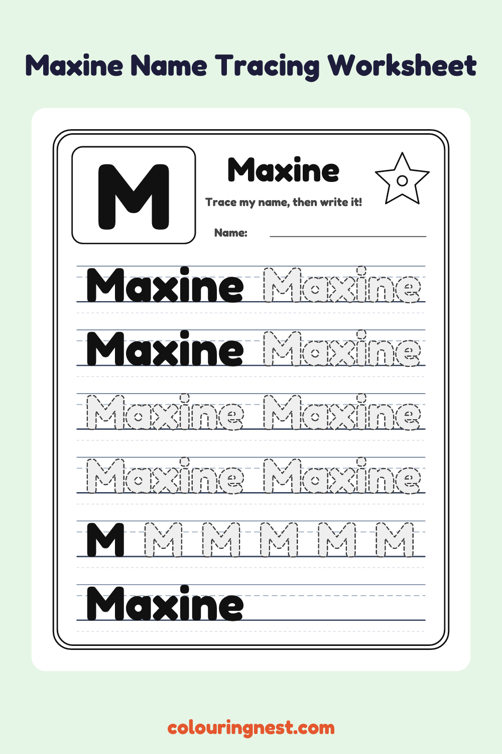 Maxine Name Tracing Worksheet: free printable black-and-white line art