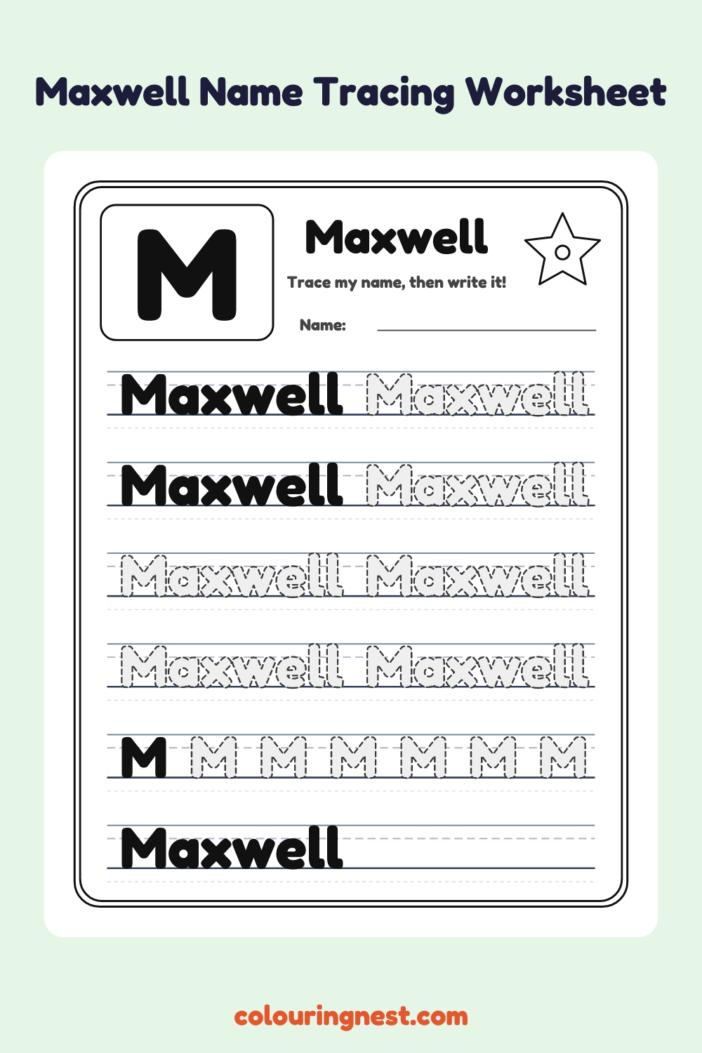 Maxwell Name Tracing Worksheet: free printable black-and-white line art