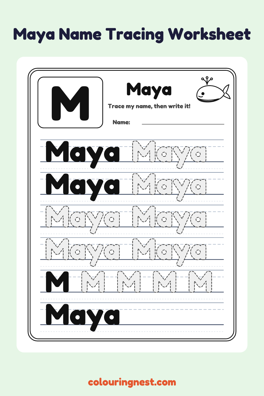 Maya Name Tracing Worksheet: free printable black-and-white line art