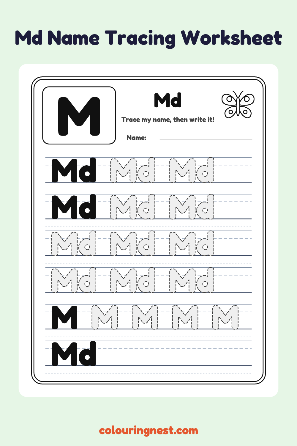 Md Name Tracing Worksheet: free printable black-and-white line art