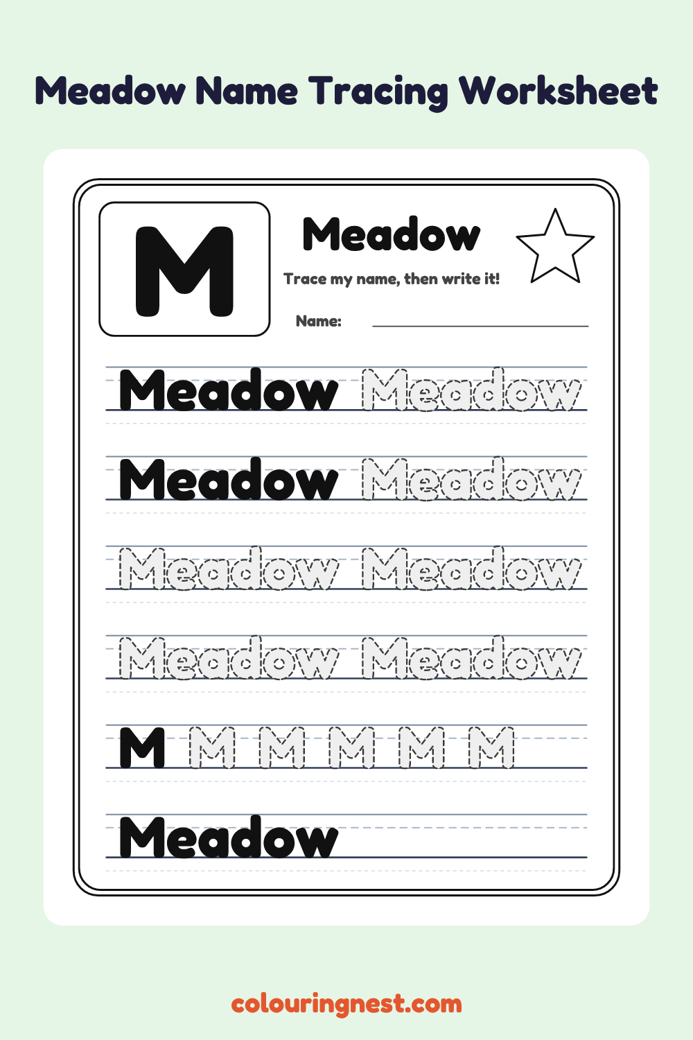 Meadow Name Tracing Worksheet: free printable black-and-white line art