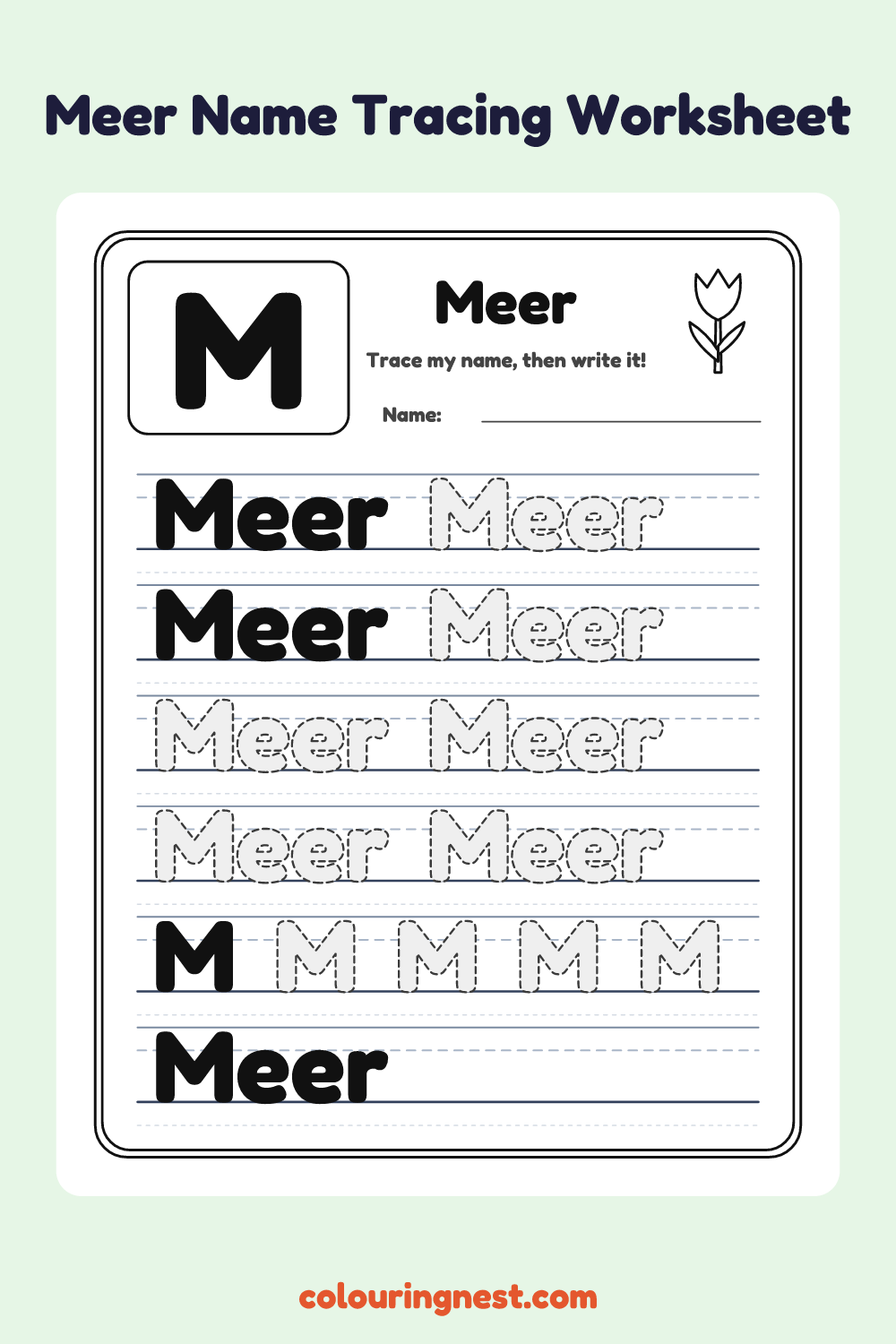 Meer Name Tracing Worksheet: free printable black-and-white line art