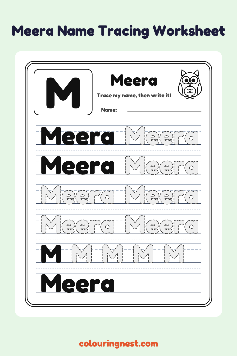 Meera Name Tracing Worksheet: free printable black-and-white line art