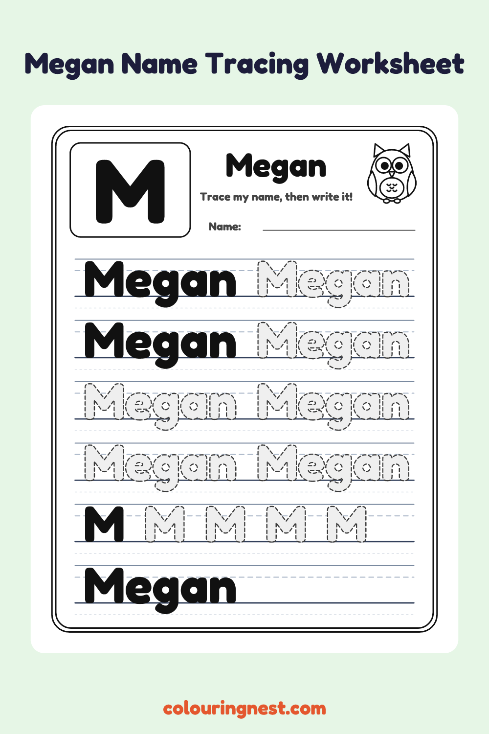 Megan Name Tracing Worksheet: free printable black-and-white line art