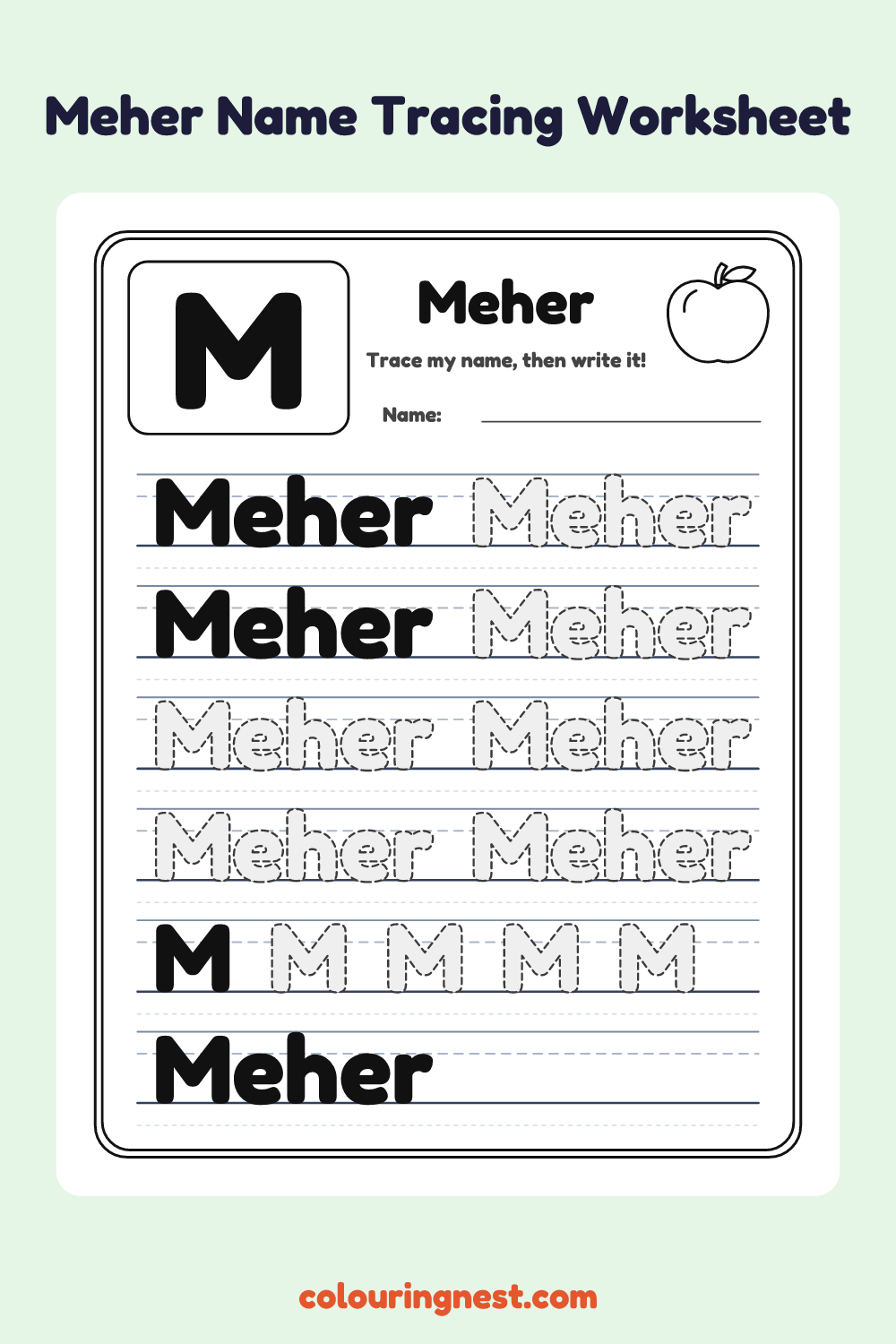 Meher Name Tracing Worksheet: free printable black-and-white line art