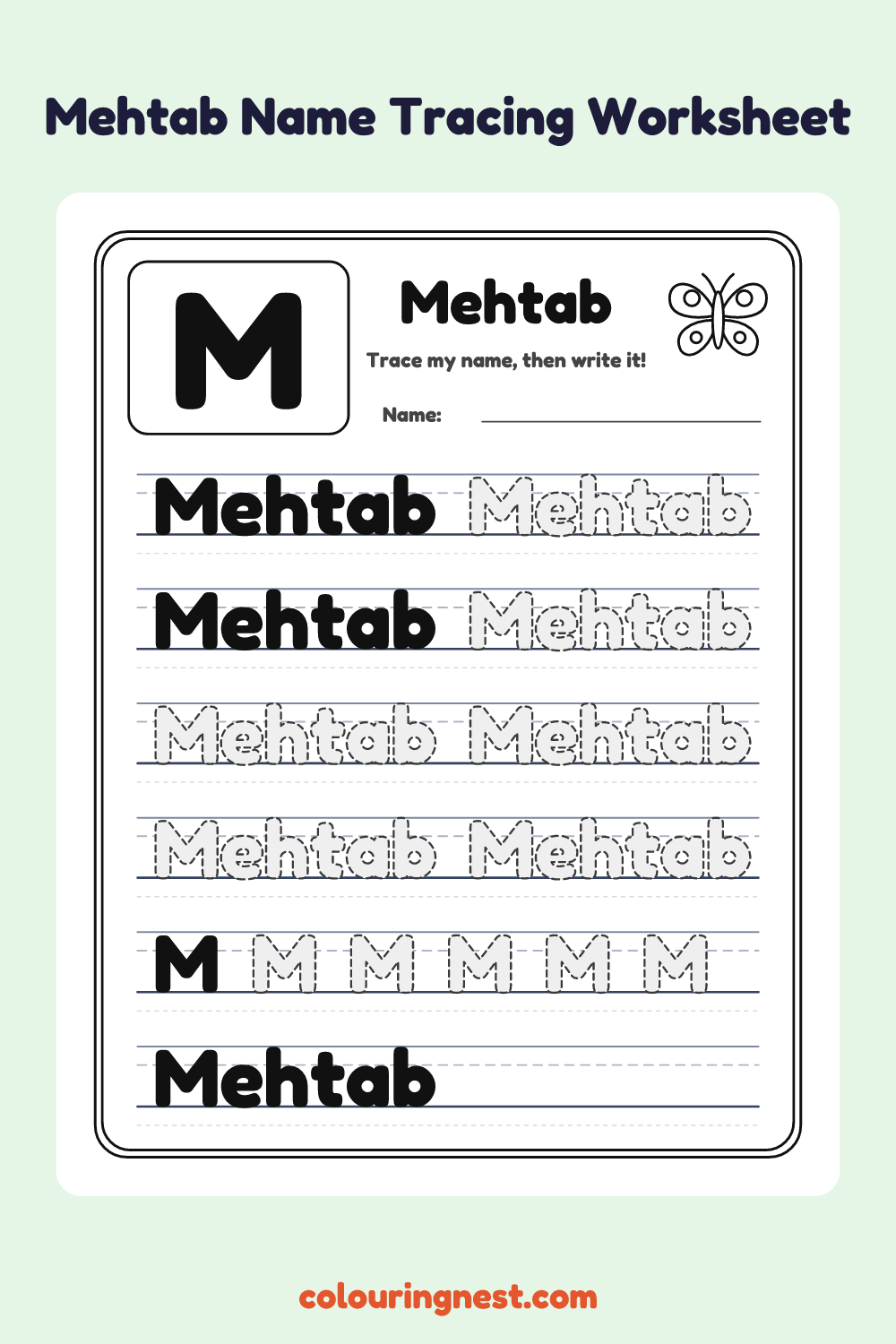 Mehtab Name Tracing Worksheet: free printable black-and-white line art