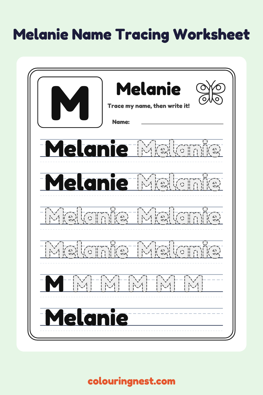 Melanie Name Tracing Worksheet: free printable black-and-white line art