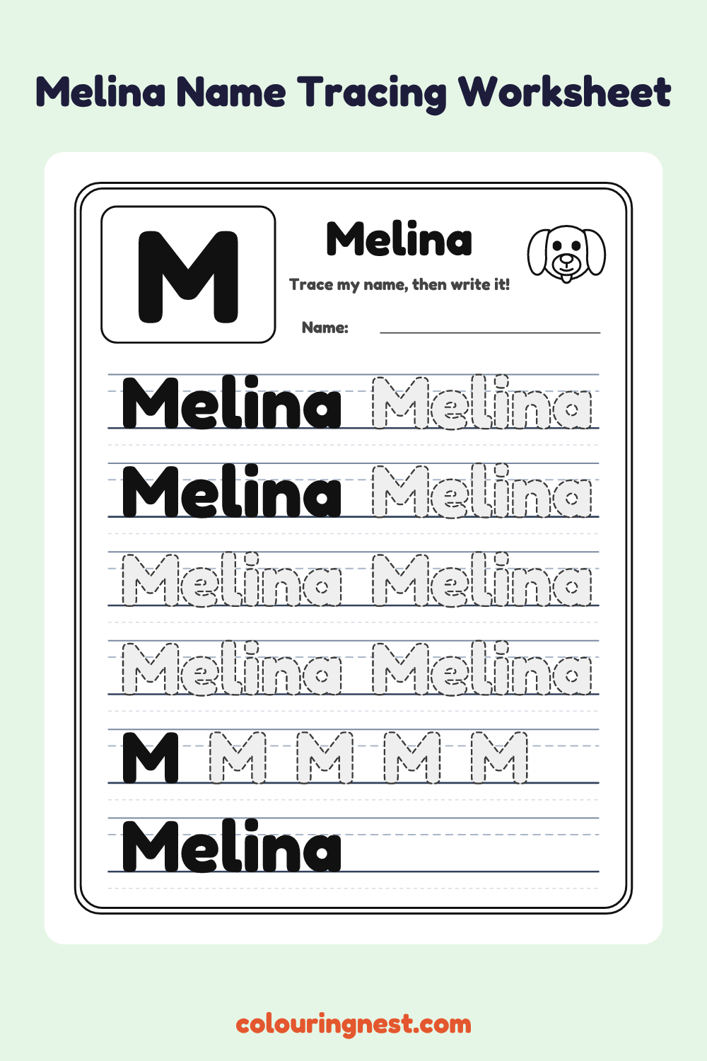 Melina Name Tracing Worksheet: free printable black-and-white line art