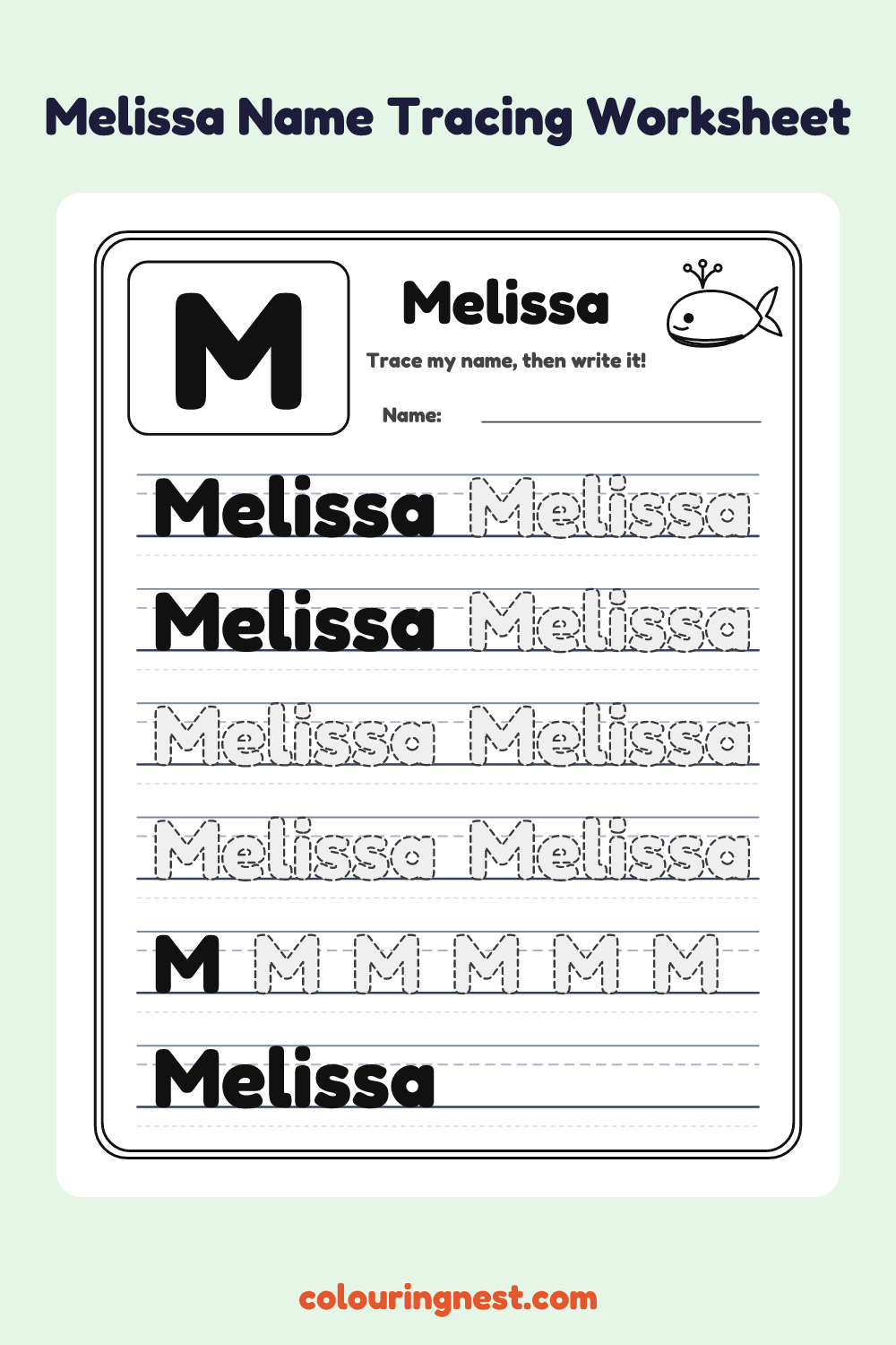 Melissa Name Tracing Worksheet: free printable black-and-white line art