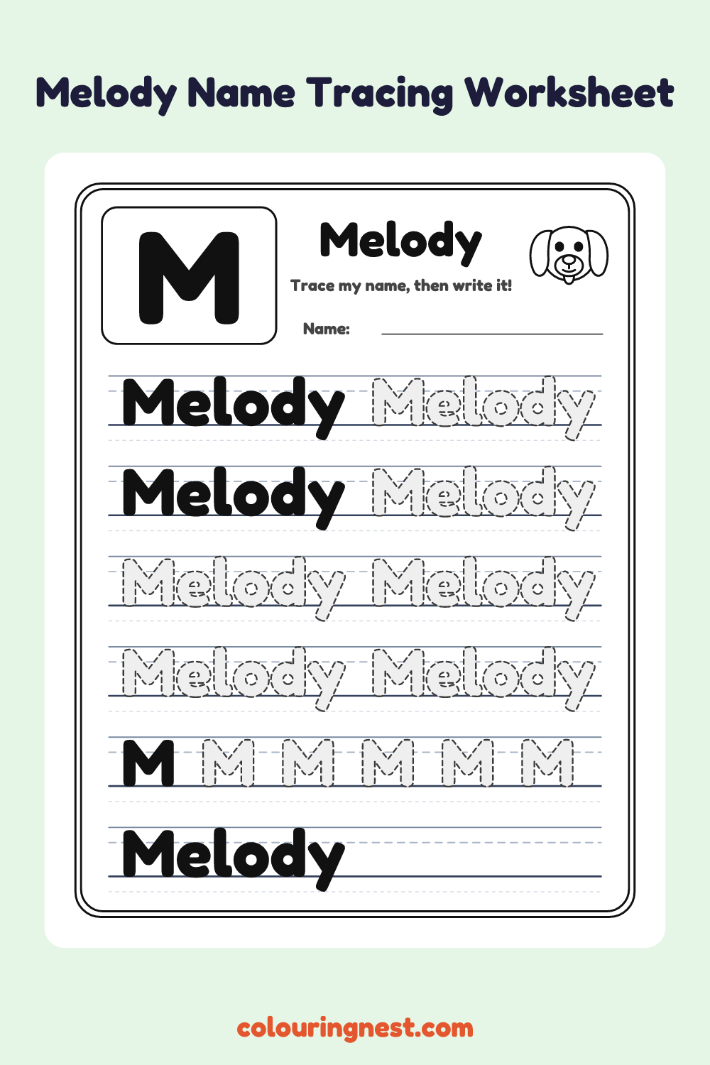 Melody Name Tracing Worksheet: free printable black-and-white line art