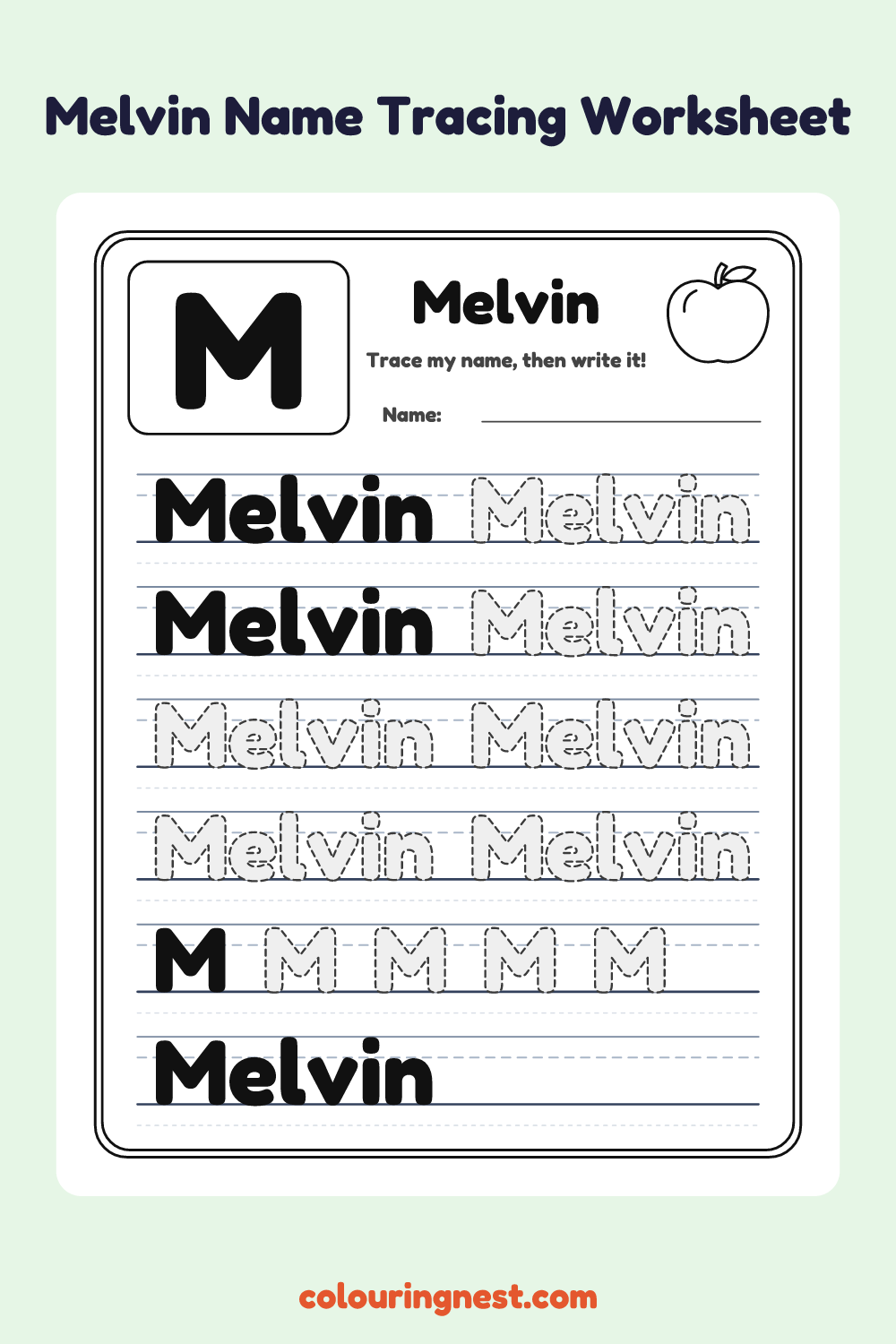 Melvin Name Tracing Worksheet: free printable black-and-white line art