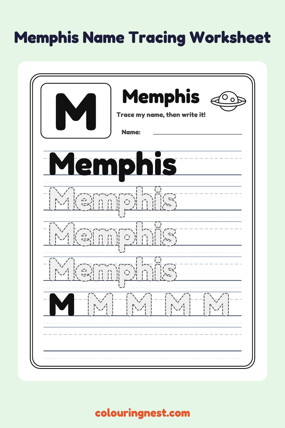Memphis Name Tracing Worksheet: free printable black-and-white line art